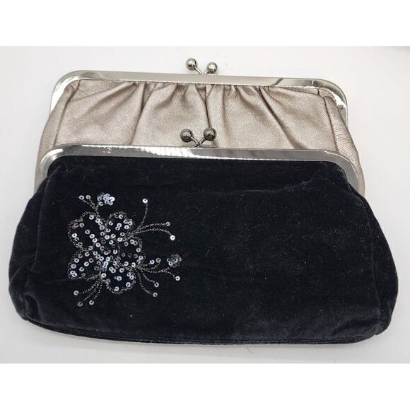 Express Clutch Bags Set Of 2: Black Velvet With Sequin Flower & Metallic Gold Fa - Picture 1 of 10